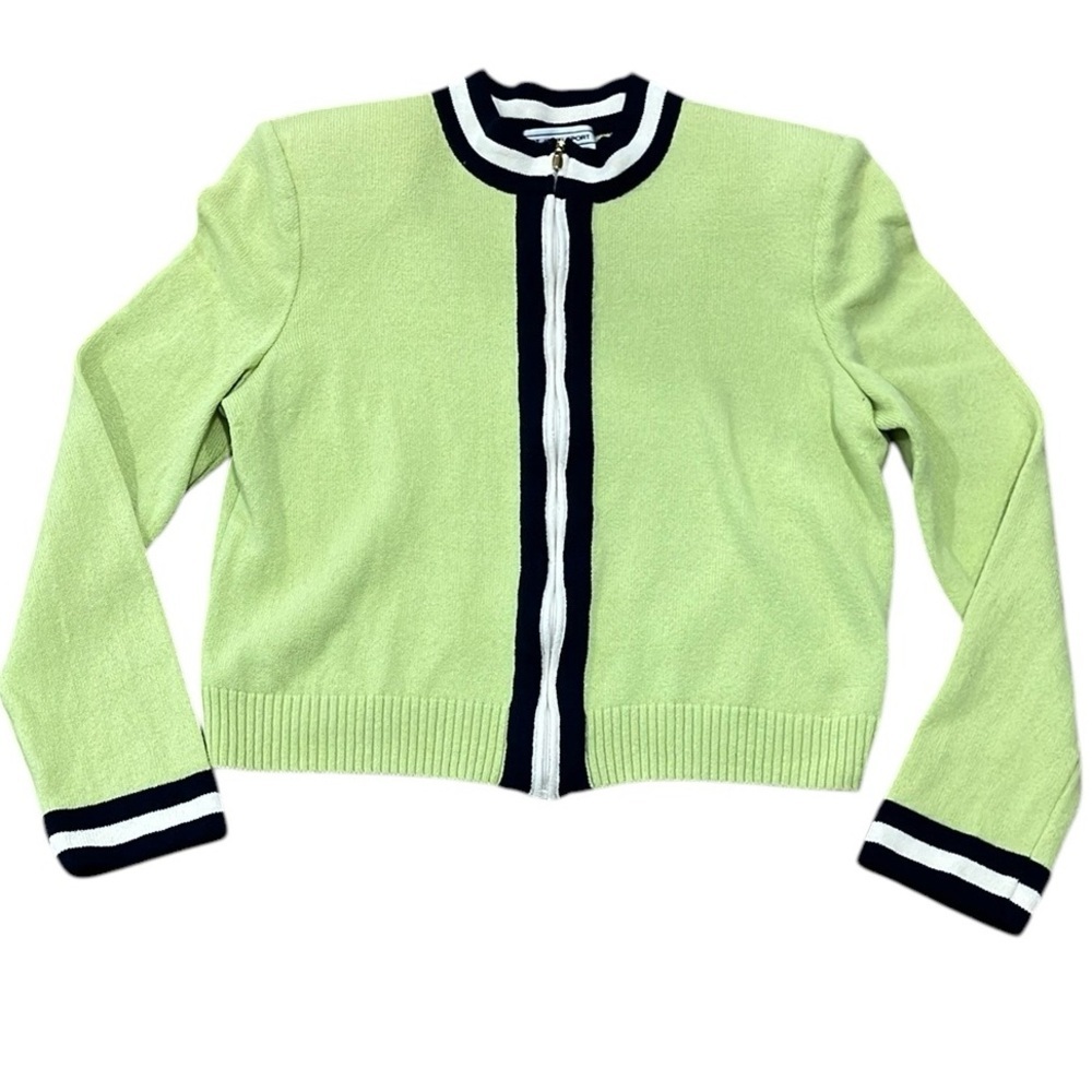 St. John Sport Knit Sweater Wool Rayon Navy Green Cardigan Shoulder Pads Women M